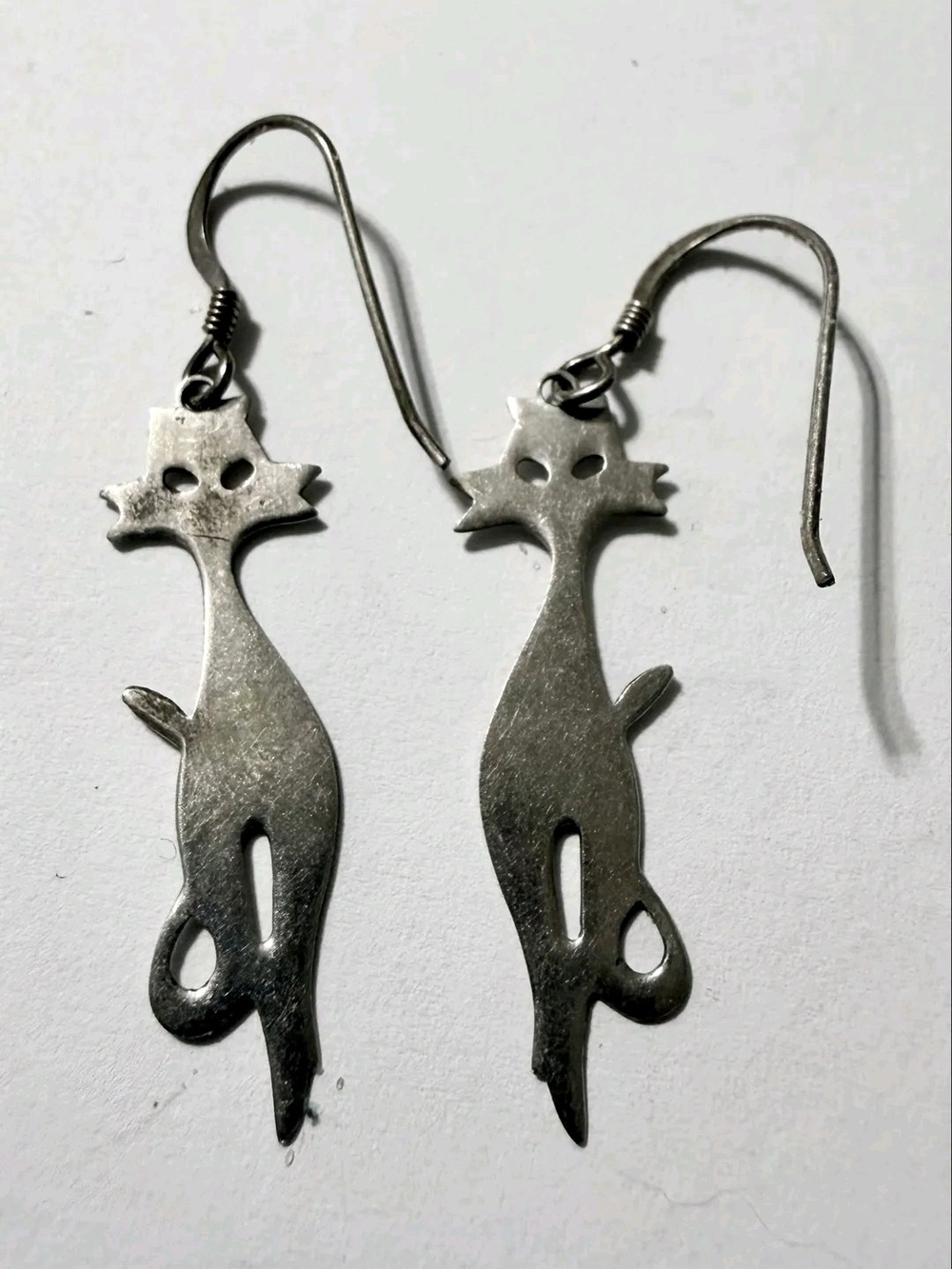 Unique Vintage Sterling Silver Cat Silhouette Drop Earrings